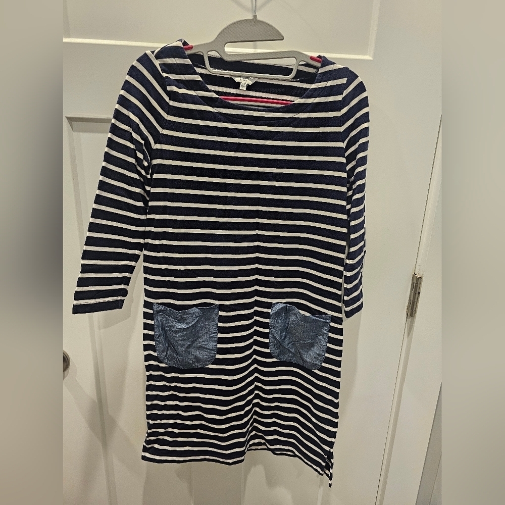 Crown & Ivy Navy White Stripe Shift Dress XS Chambray Pockets 3/4 Sleeve Cotton